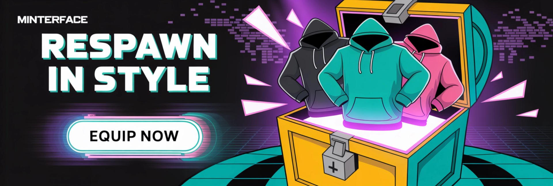 Humor für Gamer – Hero Banner mit Comic-Loot-Kiste voller Gamer-Mode, Slogan „Respawn in Style“ und Button „Equip Now“.